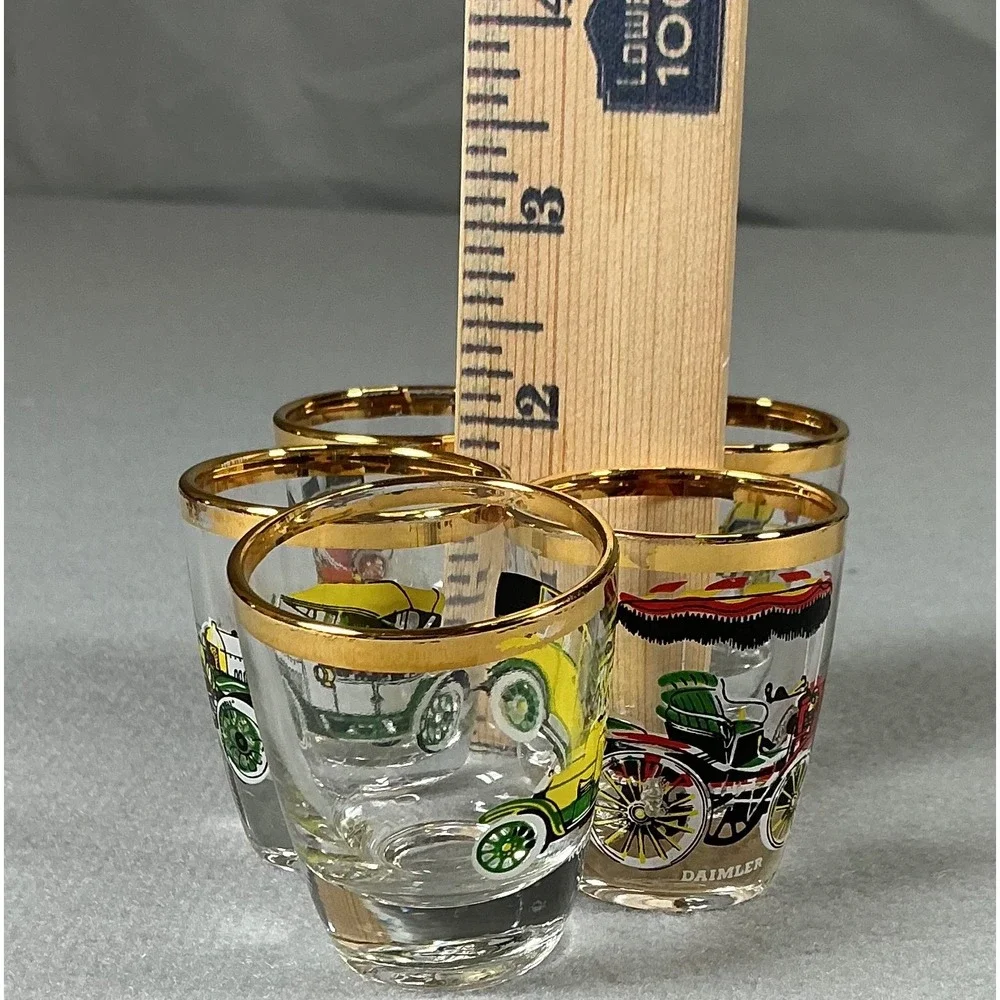 Vintage Car Shot Glass Set Gold Rim Barware 5pc Retro Auto Design‎
